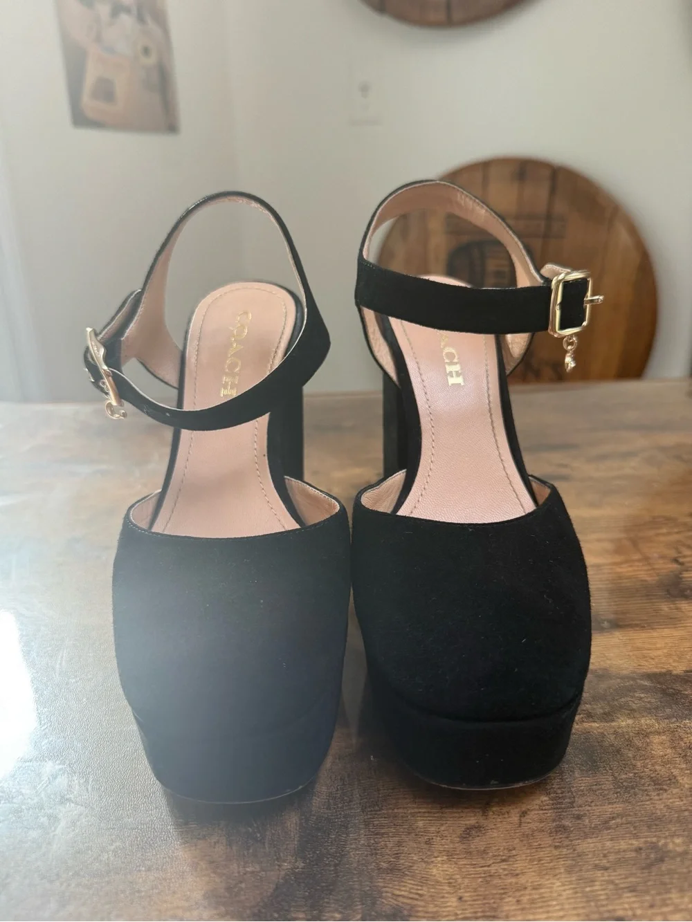 Black Suede Platform Mary Jane Heels with Gold Buckle